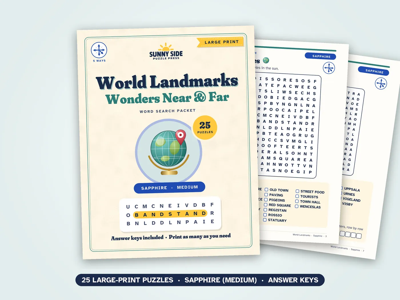The World Landmarks packet, Sapphire level: its cover and two of its puzzle pages.