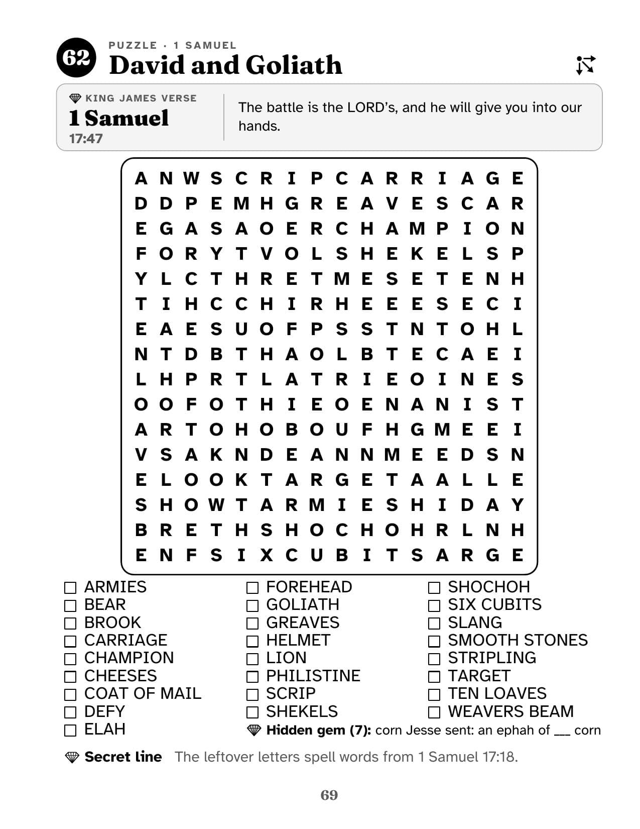 Sample page from Old Testament Stories, David and Goliath, with a King James verse, 1 Samuel 17:47, above the word search grid.