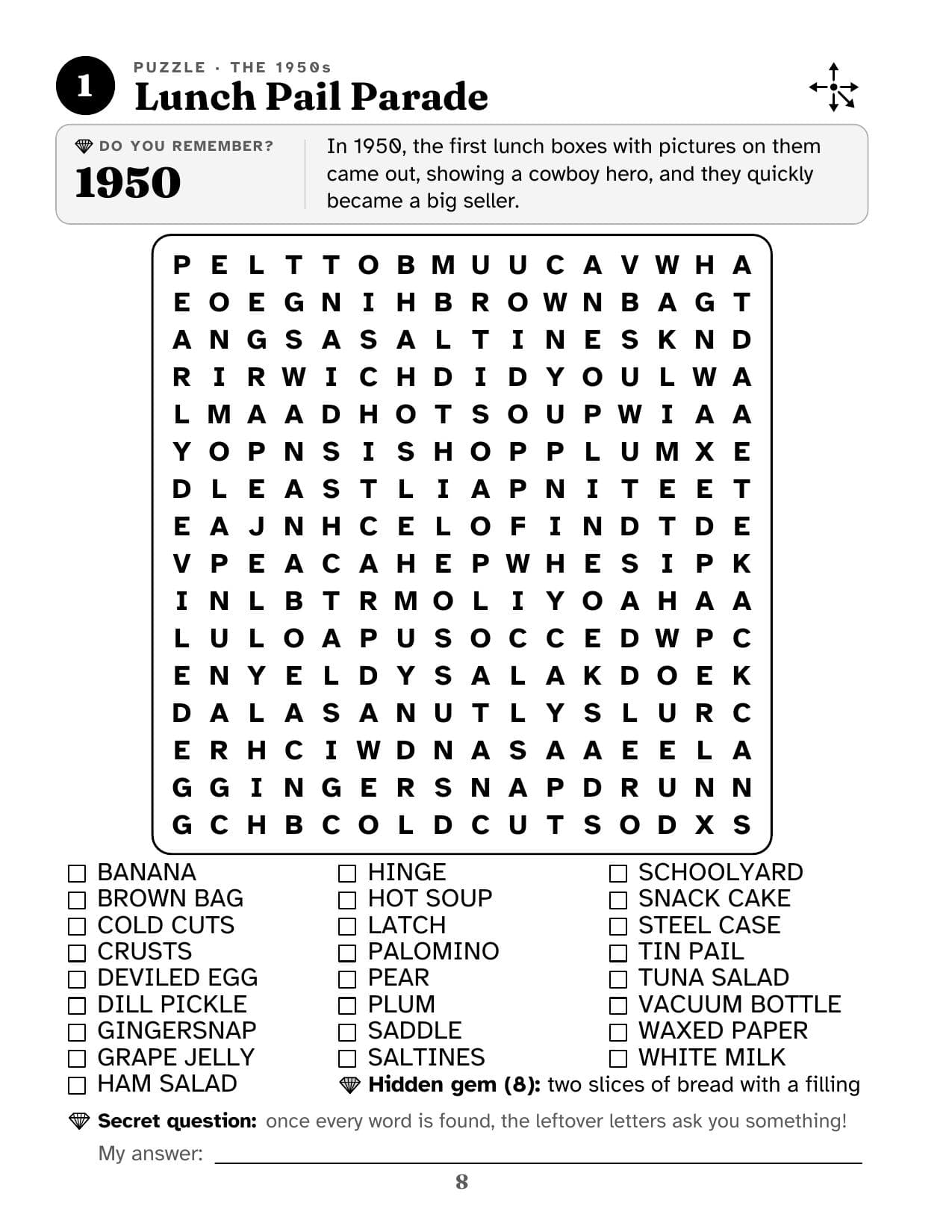 Sample puzzle page, Lunch Pail Parade, with a “Do you remember?” fact from 1950 above the grid, and a hidden gem clue and the secret question's answer line under the word list.